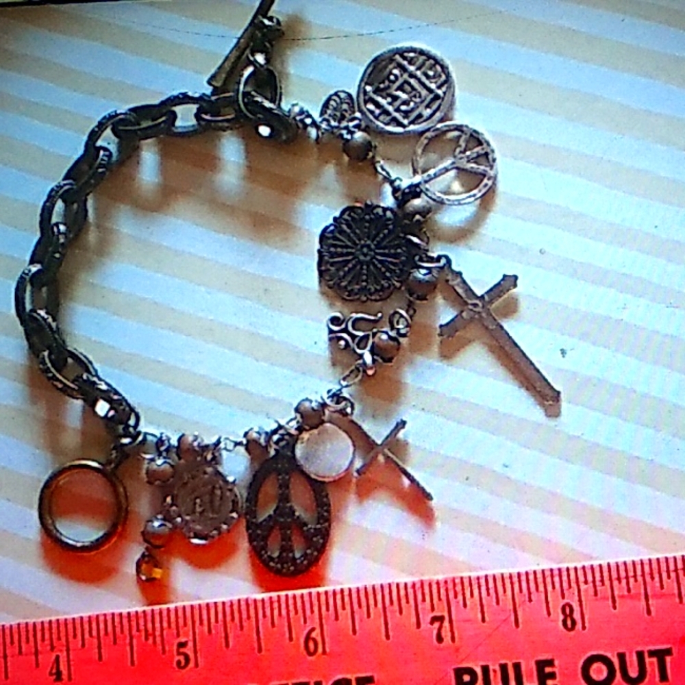 RARE  VINTAGE Boho Peace  Saint Zen Cross Multi Charm Bracelet Lucky Brand